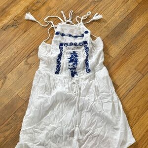Chic White and Blue Embroidered Swim Coverup